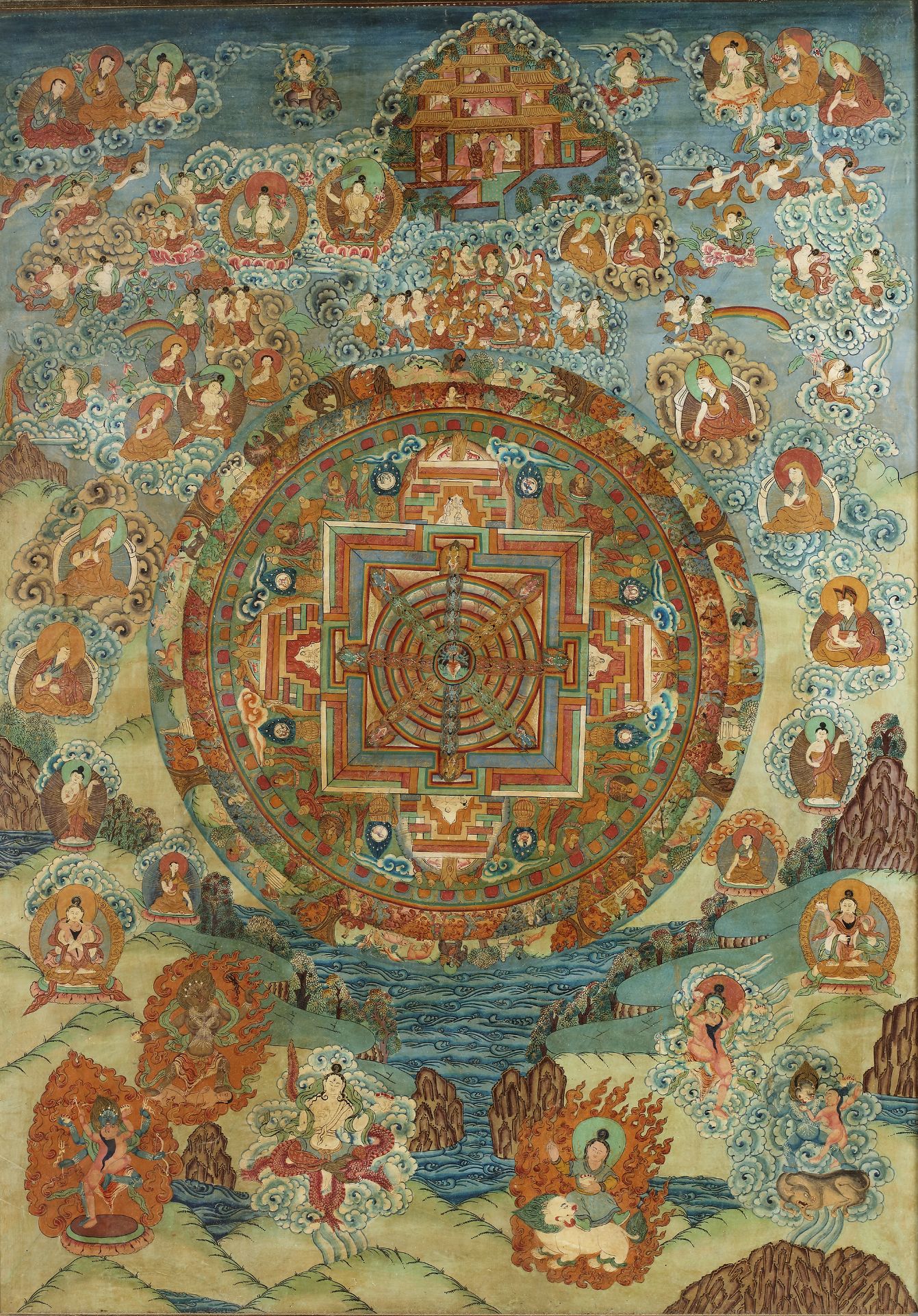 A TIBETAN THNGKA DEPICTING A MANDALA OF VAJRAVIDARANA, 19TH CENTURY