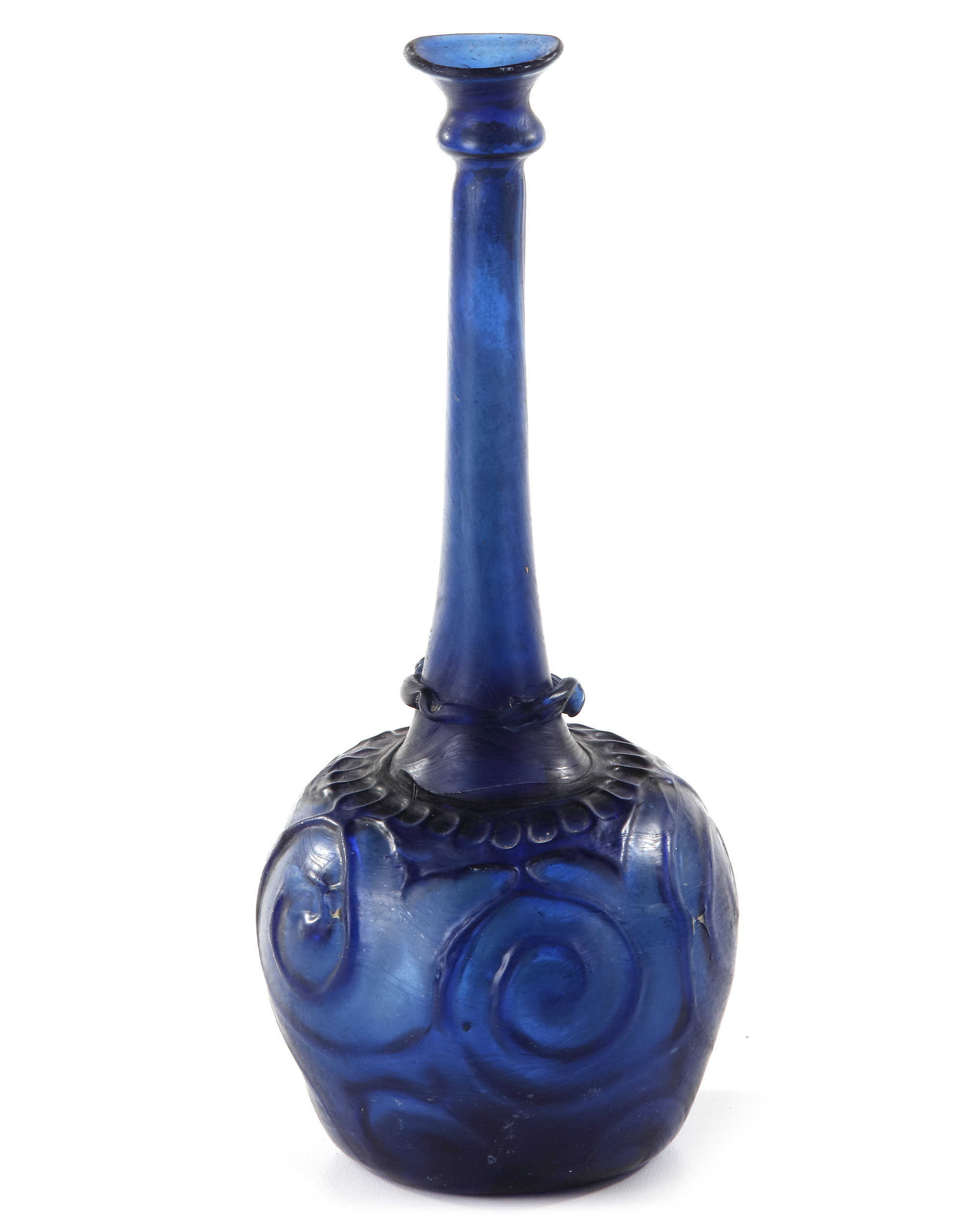 A LARGE MOULD-BLOWN BLUE GLASS BOTTLE-VASE OR SPRINKLER, PERSIA, 12TH CENTURY