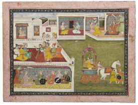 AN ILLUSTRATION FROM THE MAHABHARATA SERIES, KRISHNA RUNS AWAY WITH RUKHMANI, INDIA, KANGRA, CIRCA 1