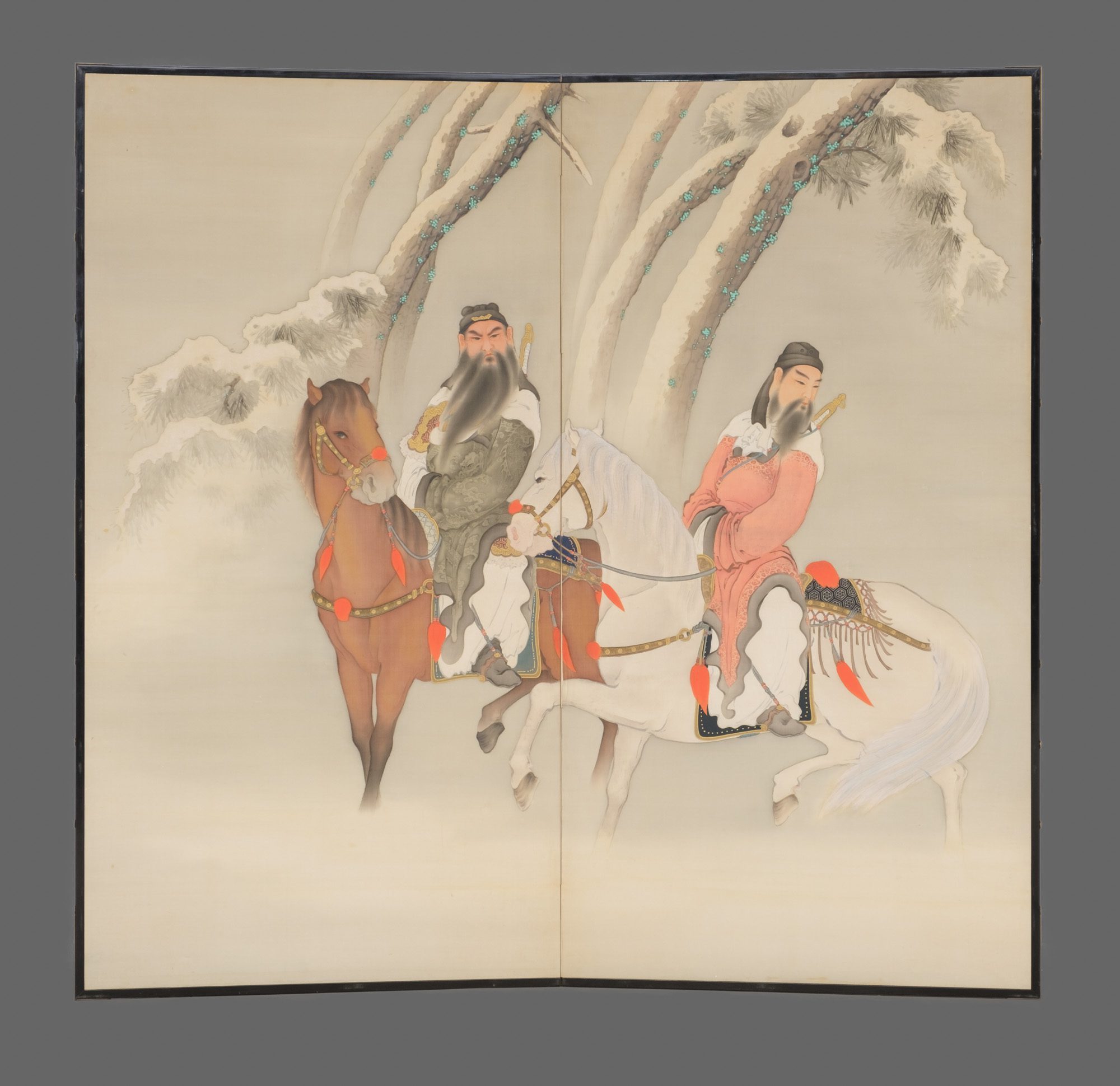 A JAPANESE SET OF 2 TALL 2-PANEL SCREENS DEPICTING CHINESE WARRIORS, 1918 - Image 5 of 13