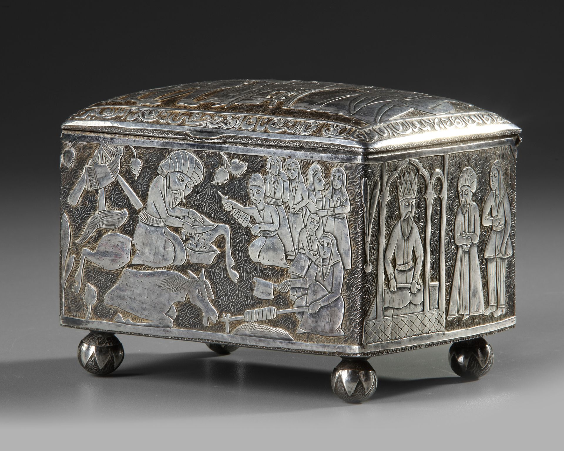 A QAJAR SILVER INLAID METALWARE CASKET, PERSIA, 19TH CENTURY - Image 2 of 6