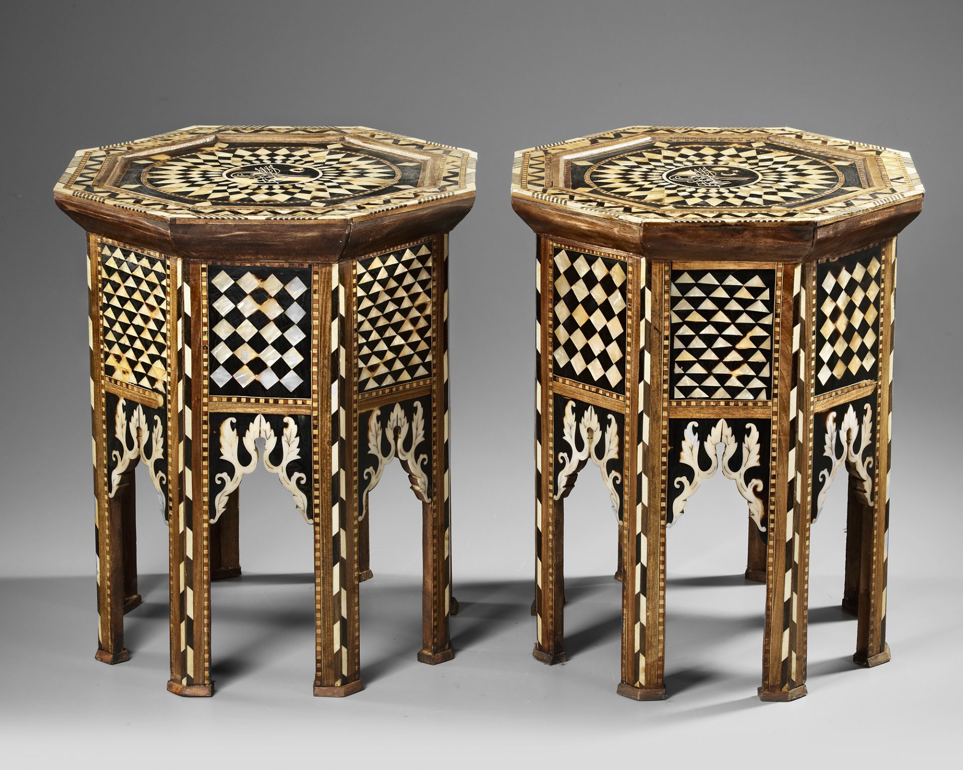 A PAIR OF OTTOMAN MOTHER OF PEARL AND TORTOISESHELL INLAID OCTAGONAL TABLES, EARLY 20TH CENTURY