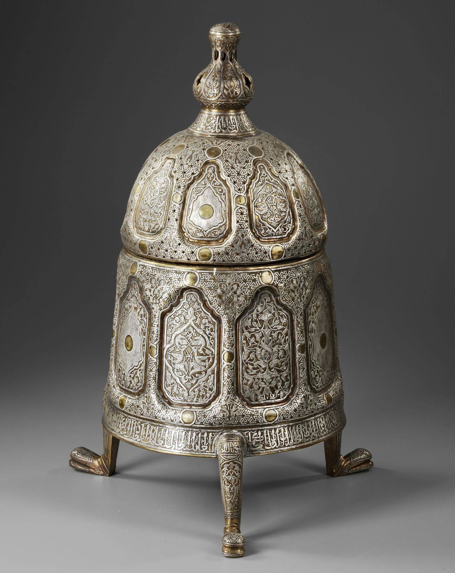 A MAMLUK REVIVAL SILVER INLAID BRONZE INCENSE BURNER, 20TH CENTURY