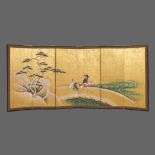 A LARGE JAPANESE 6-PANEL BYÔBU (FOLDING SCREEN) WITH GENJI RIDING A HORSE, LATE 18TH-EARLY 19TH CENT