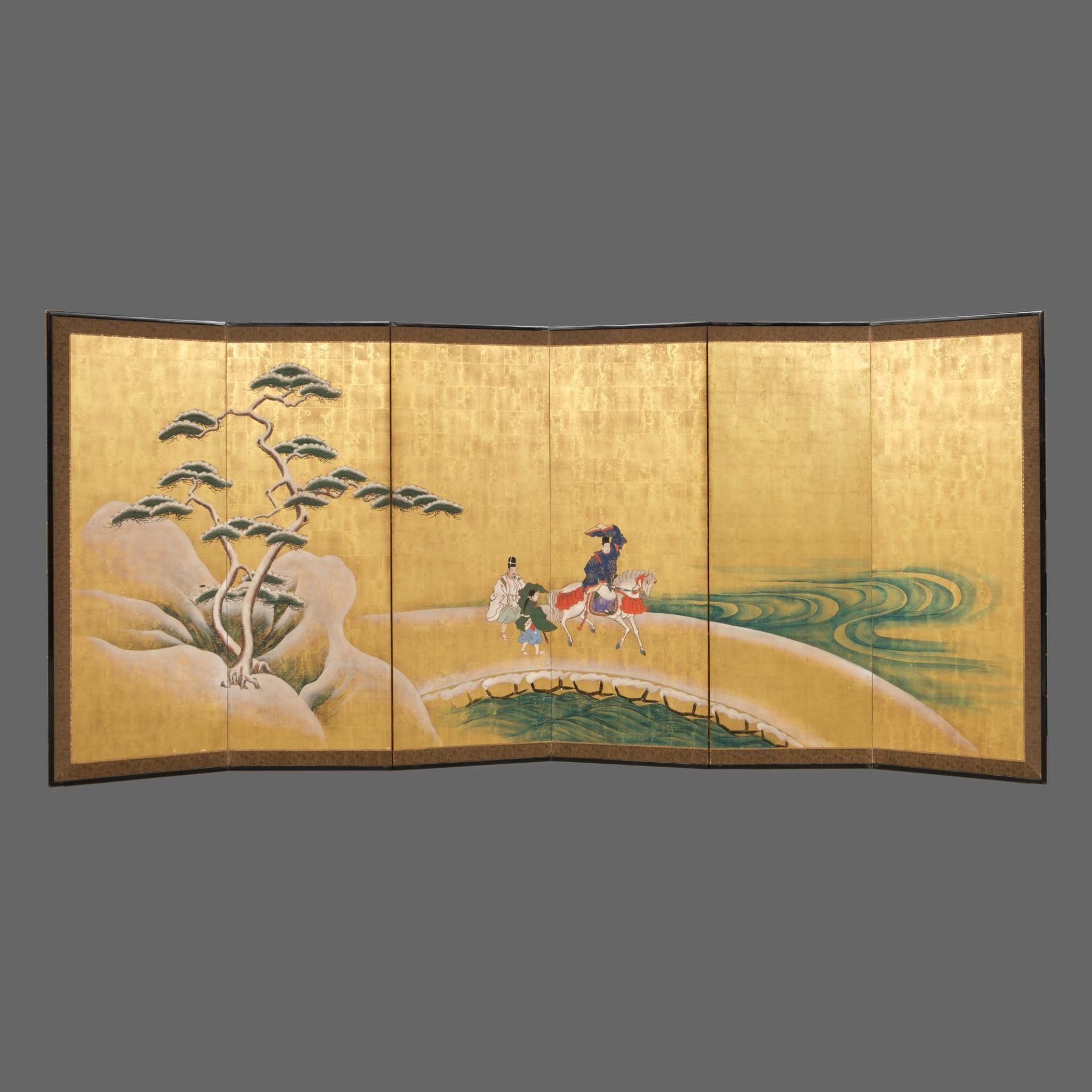 A LARGE JAPANESE 6-PANEL BYÔBU (FOLDING SCREEN) WITH GENJI RIDING A HORSE, LATE 18TH-EARLY 19TH CENT