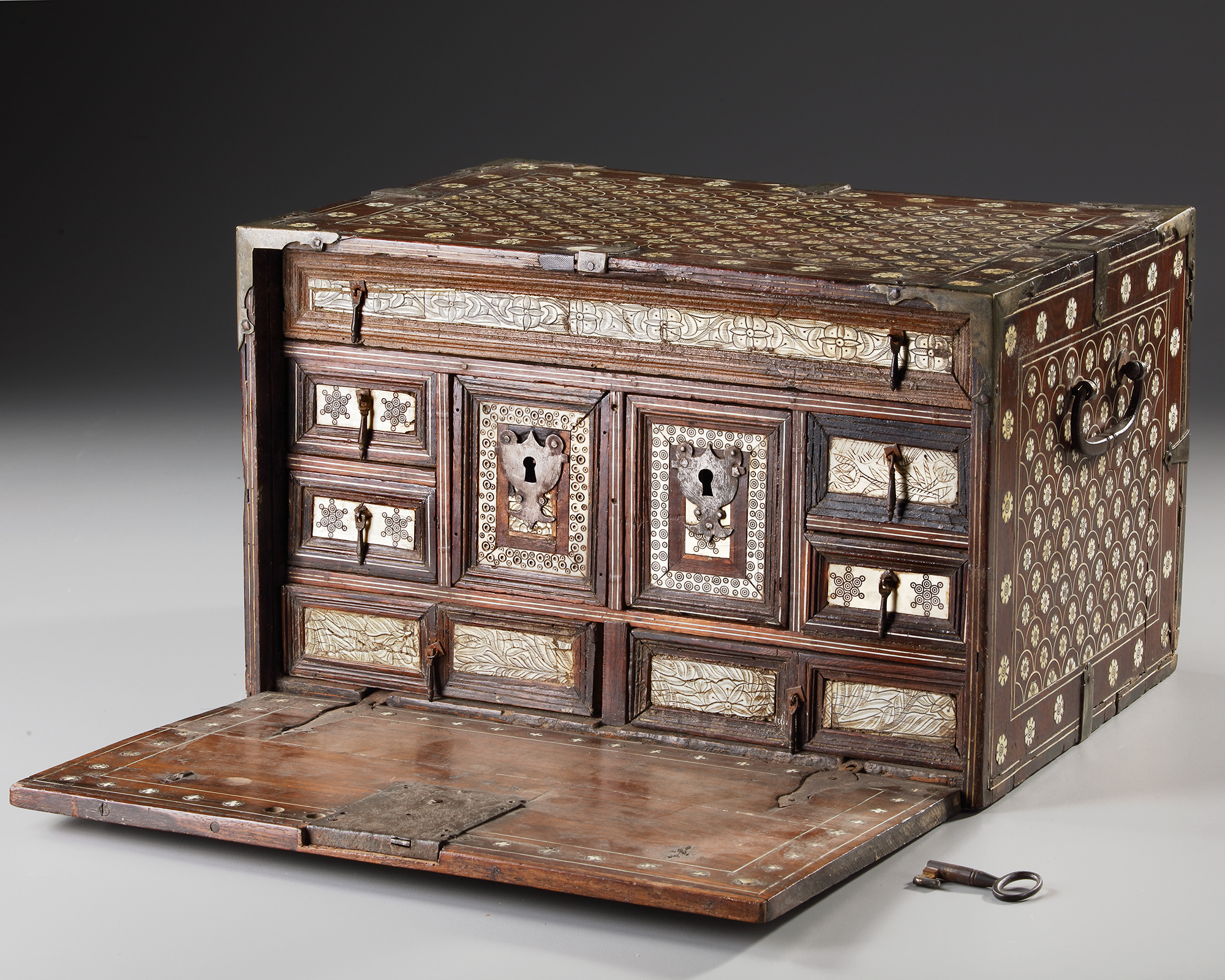 AN INDO-PORTUGUESE WOODEN AND BONE INLAID CHEST, GOA, 17TH CENTURY