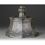 A SELJUK SILVER INLAID BRONZE CANDLESTICK, PERSIA, 12TH-13TH CENTURY