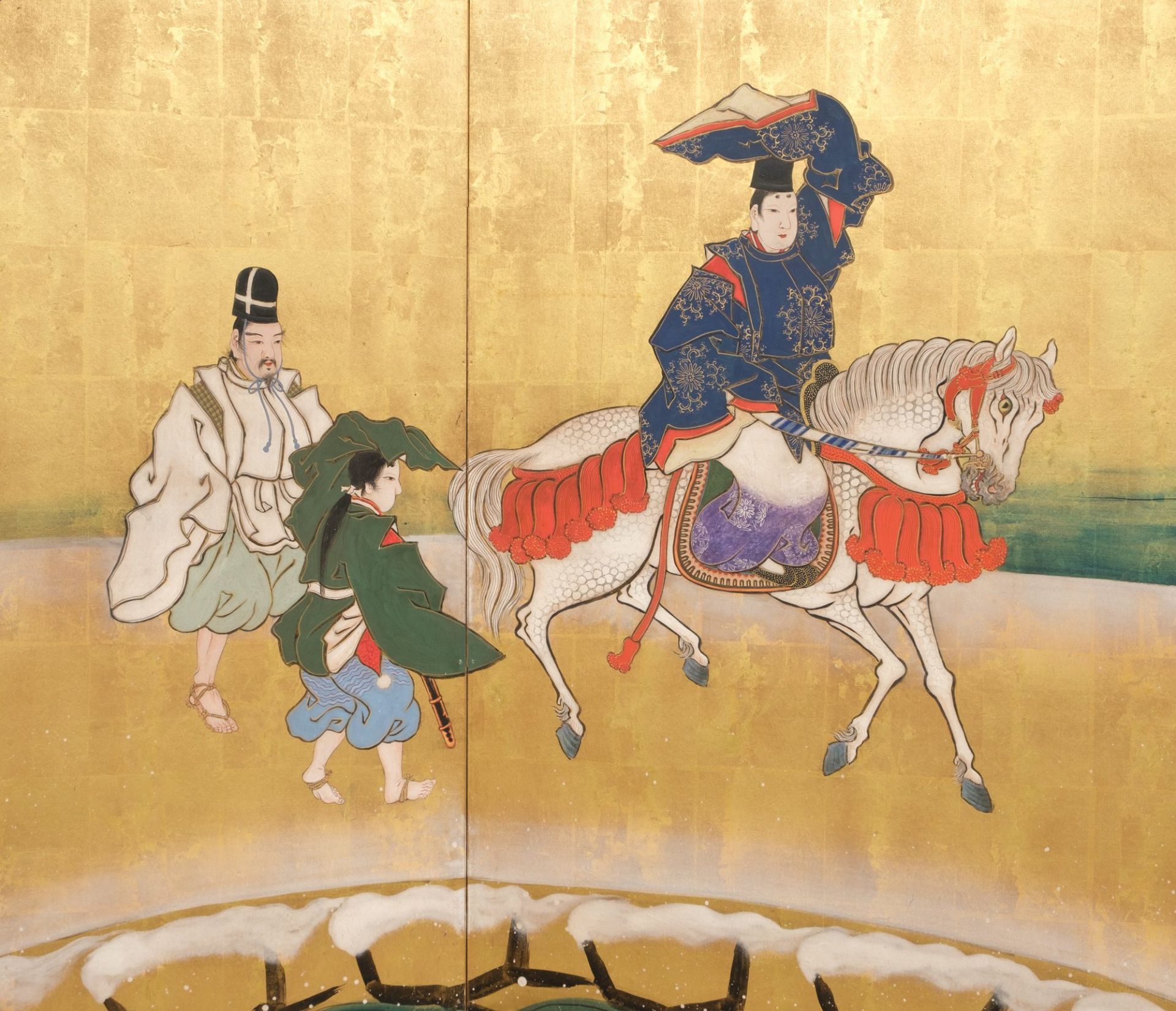 A LARGE JAPANESE 6-PANEL BYÔBU (FOLDING SCREEN) WITH GENJI RIDING A HORSE, LATE 18TH-EARLY 19TH CENT - Image 4 of 9