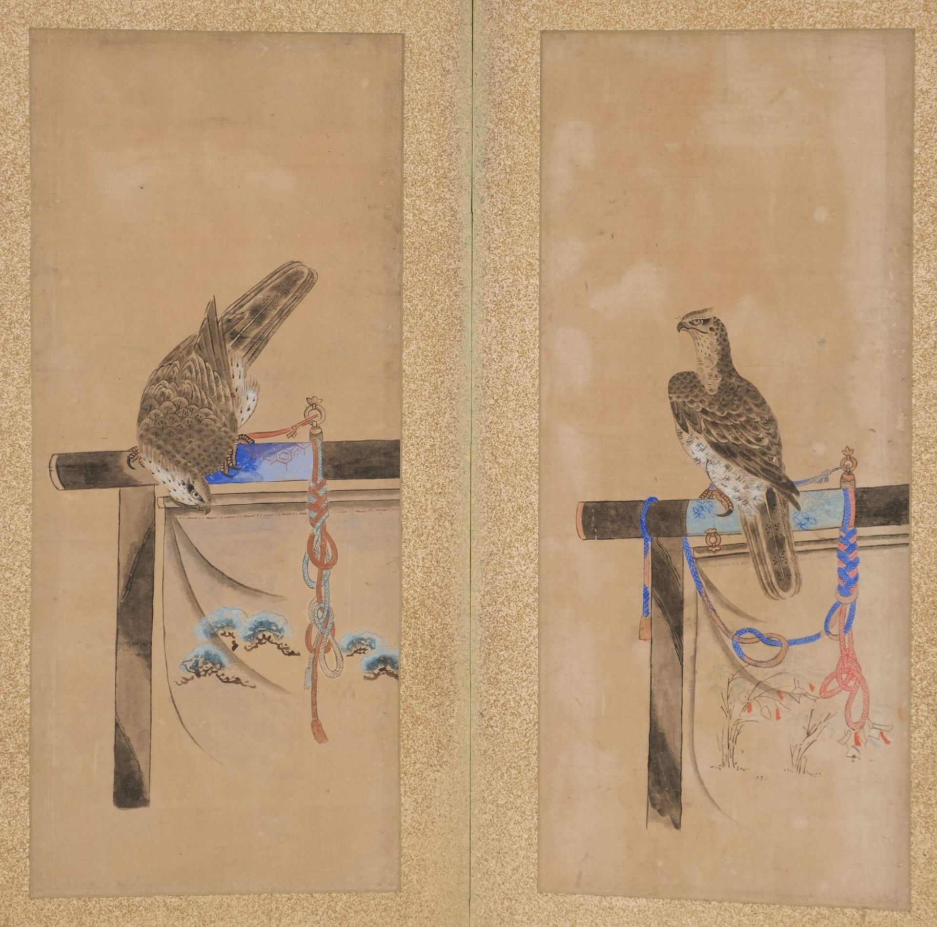 A JAPANESE TWO PANEL SCREEN WITH HAWKS, 19TH CENTURY (LATE EDO EARLY MEIJI PERIOD) - Bild 2 aus 12