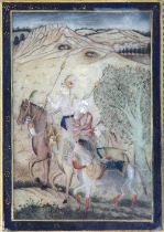 THE THREE YOUNGER SONS OF SHAH JAHAN SHAH, AURANGZEB AND MURAD BAKHSH HAWKING IN A LANDSCAPE, MUGHAL