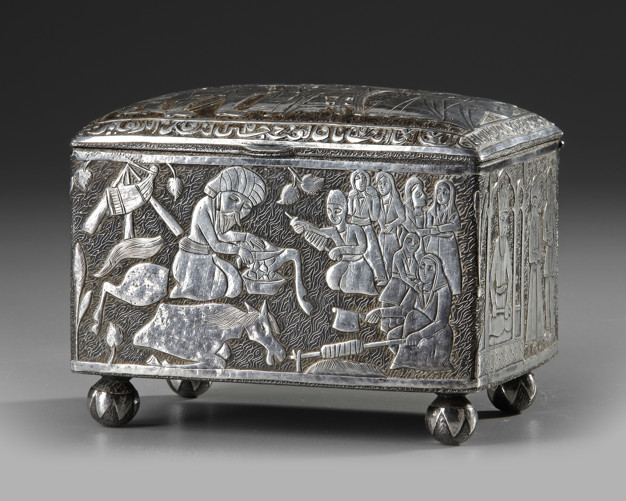 A QAJAR SILVER INLAID METALWARE CASKET, PERSIA, 19TH CENTURY