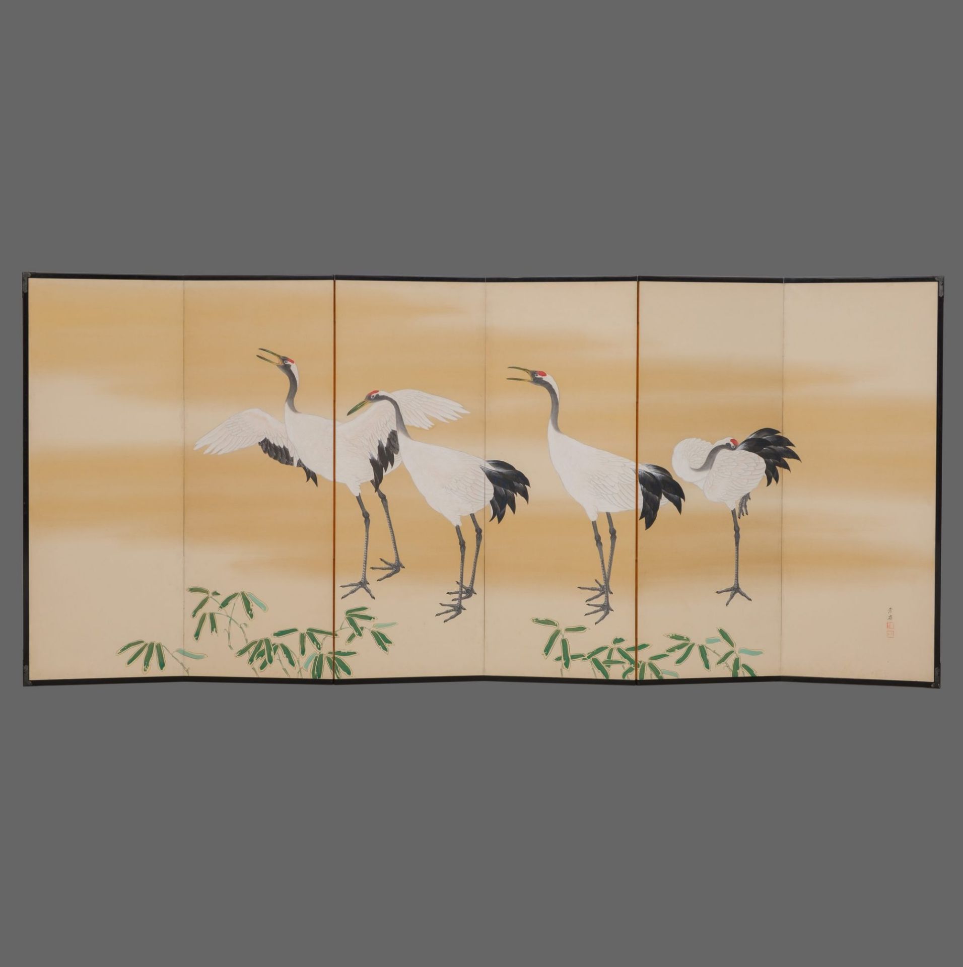 A JAPANESE MID-SIZE 6-PANEL RINPA STYLE BYÔBU (FOLDING SCREEN) WITH CRANES, FIRST HALF 20TH CENTURY