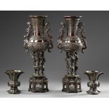 A PAIR OF CHINESE BRONZE GU VASES AND A PAIR OF JAPANESE BRONZE CENSERS , 19TH CENTURY