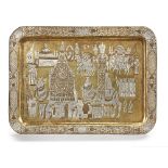 A LARGE MAMLUK REVIVAL SILVER AND COPPER INLAID BRASS TRAY DEPICTING THE MAHMAL PROCESSION TO MECCA,
