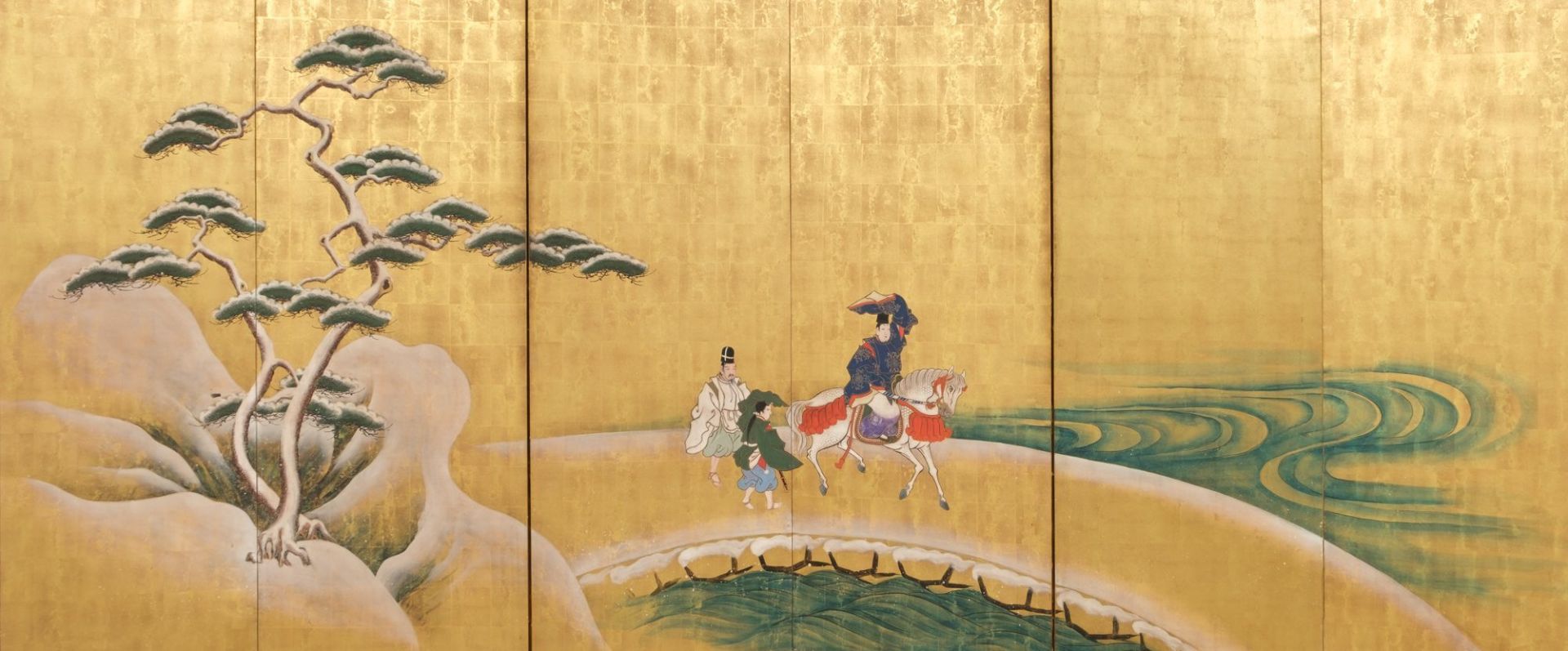 A LARGE JAPANESE 6-PANEL BYÔBU (FOLDING SCREEN) WITH GENJI RIDING A HORSE, LATE 18TH-EARLY 19TH CENT - Image 2 of 9
