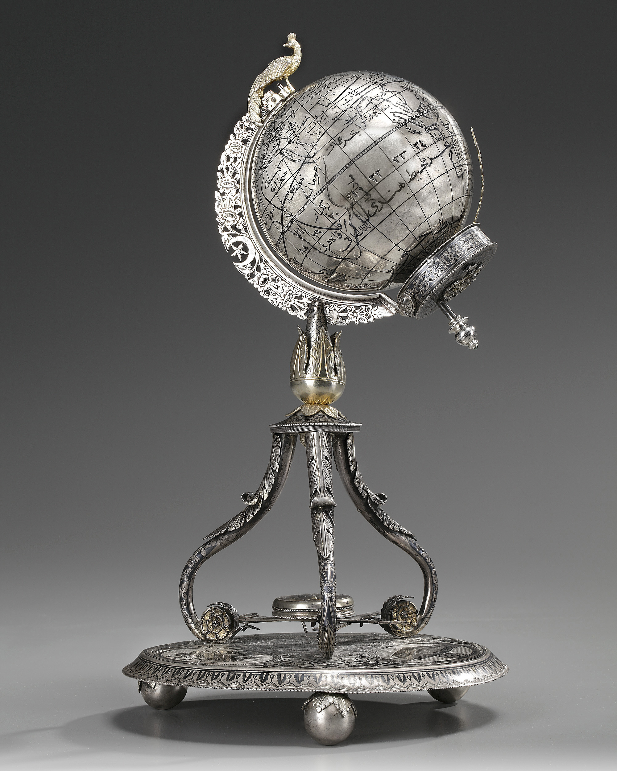 AN OTTOMAN SILVER, NIELLOED AND ENGRAVED GLOBE CLOCK BEARING THE TUGHRA OF SULTAN ABDULHAMID II TURK - Image 2 of 18