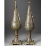 A PAIR OF LARGE QAJAR BRASS ENGRAVED INCENSE BURNERS, 19TH CENTURY