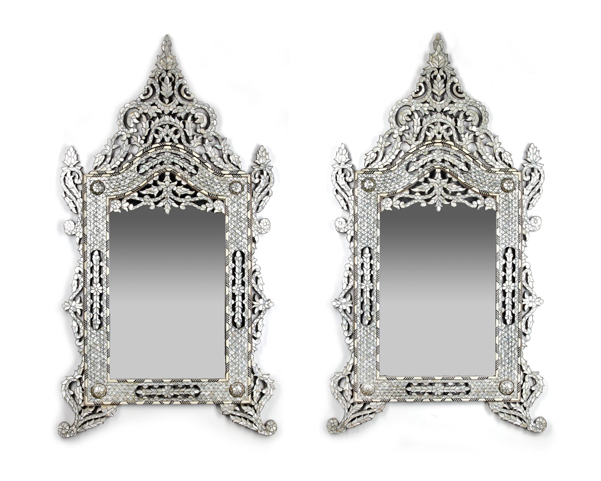 A PAIR OF TURKISH/SYRIAN MOTHER OF PEARL AND BONE INLAID MIRRORS, EARLY 20TH CENTURY