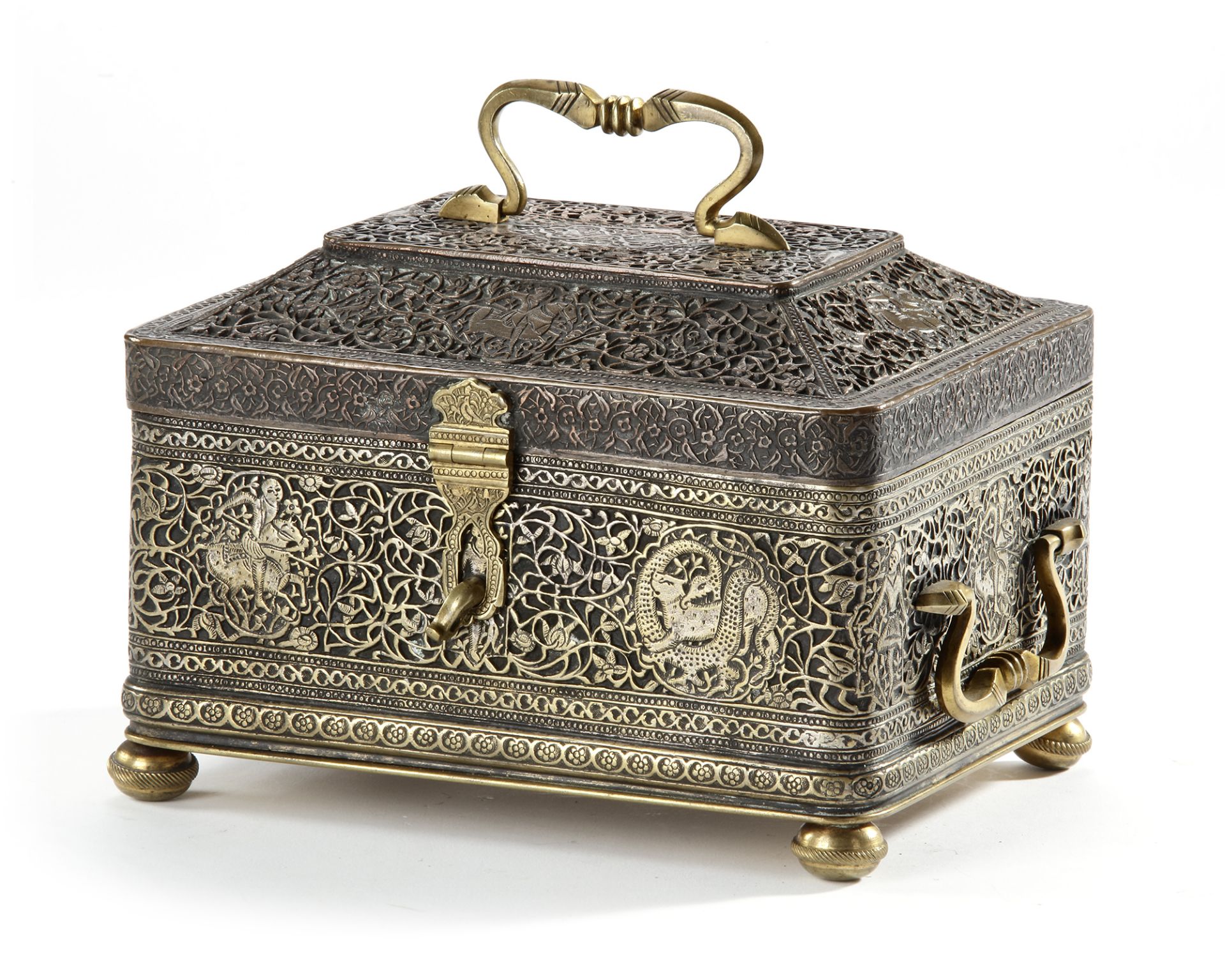 AN ENGRAVED AND PIERCED QAJAR BRASS CASKET, 18TH - 19TH CENTURY