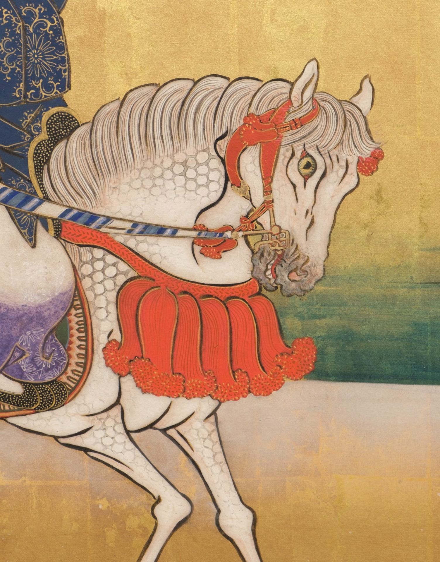 A LARGE JAPANESE 6-PANEL BYÔBU (FOLDING SCREEN) WITH GENJI RIDING A HORSE, LATE 18TH-EARLY 19TH CENT - Bild 6 aus 9