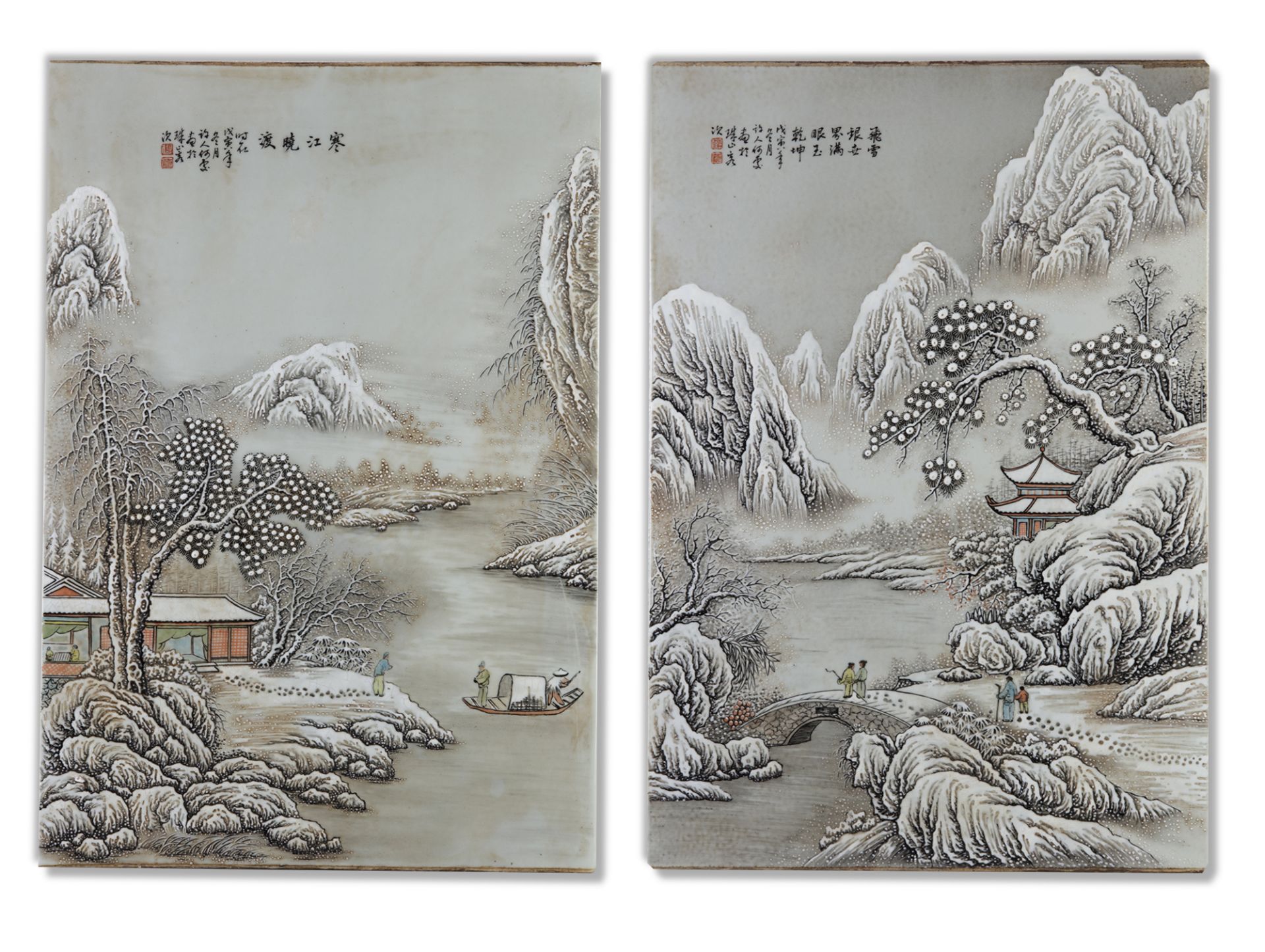 TWO LARGE CHINESE ENAMELED 'SNOWSCENE' PLAQUES, 20TH CENTURY