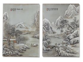 TWO LARGE CHINESE ENAMELED 'SNOWSCENE' PLAQUES, 20TH CENTURY