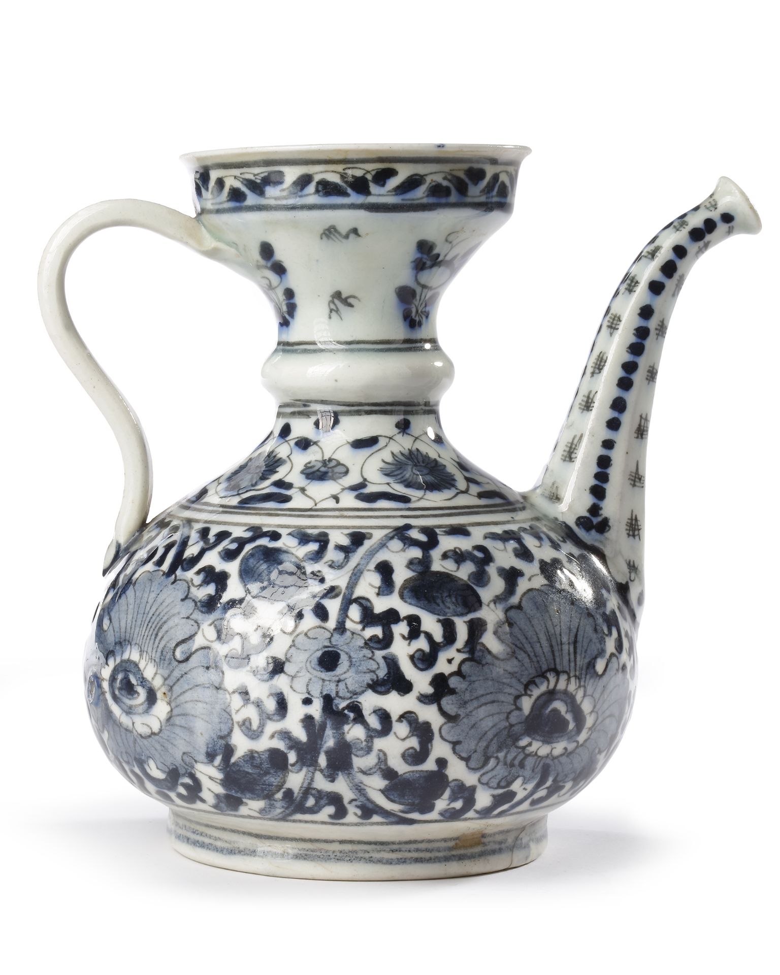 A SAFAVID BLUE, BLACK AND WHITE EWER, PERSIA, 18TH CENTURY
