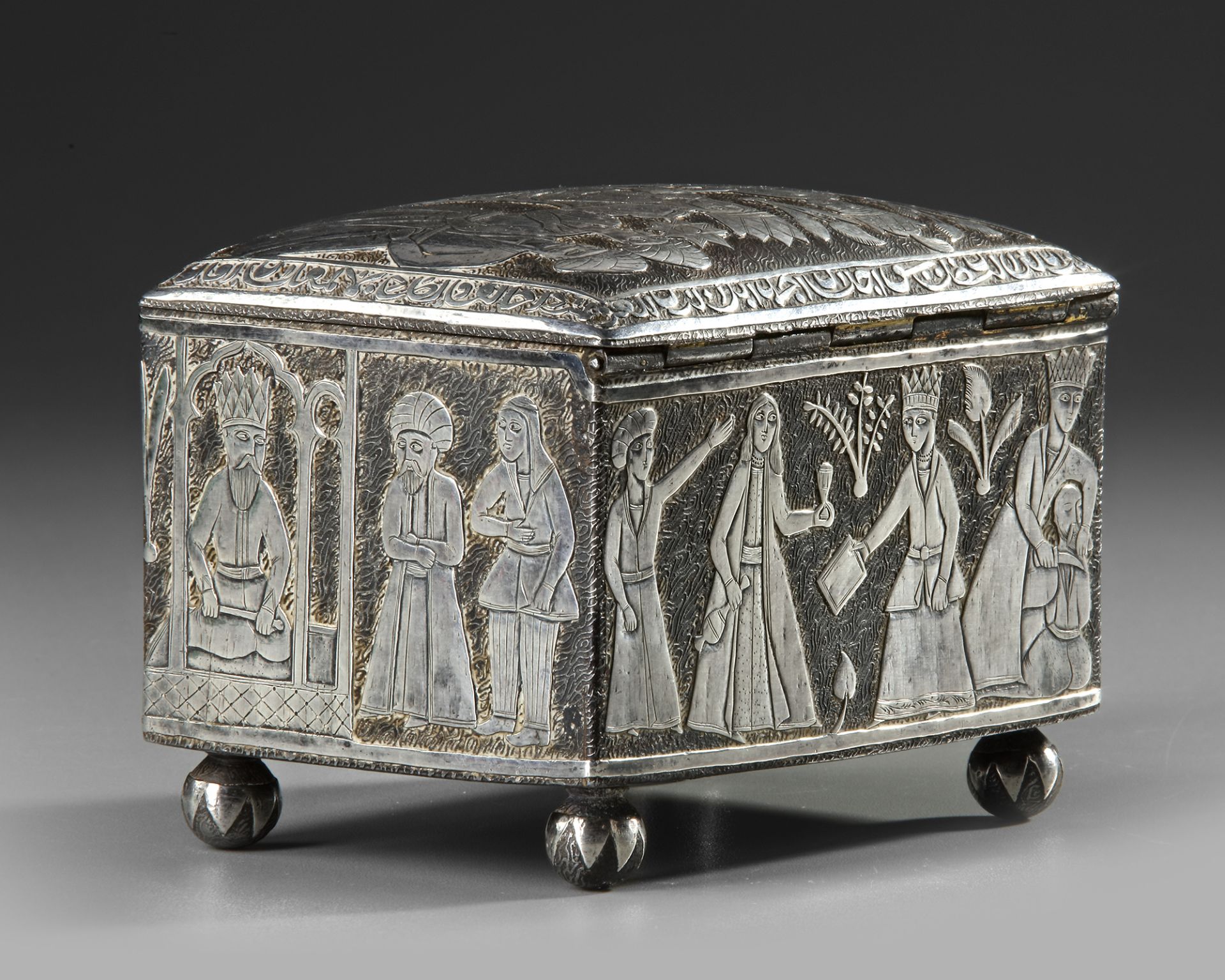 A QAJAR SILVER INLAID METALWARE CASKET, PERSIA, 19TH CENTURY - Image 3 of 6