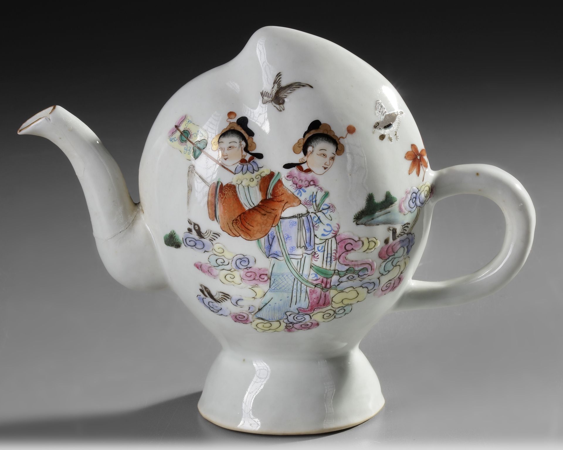 A CHINESE FAMILLE ROSE 'COWHERD AND WEAVER GIRL' CADOGAN TEAPOT, 19TH-20TH CENTURY - Image 2 of 3