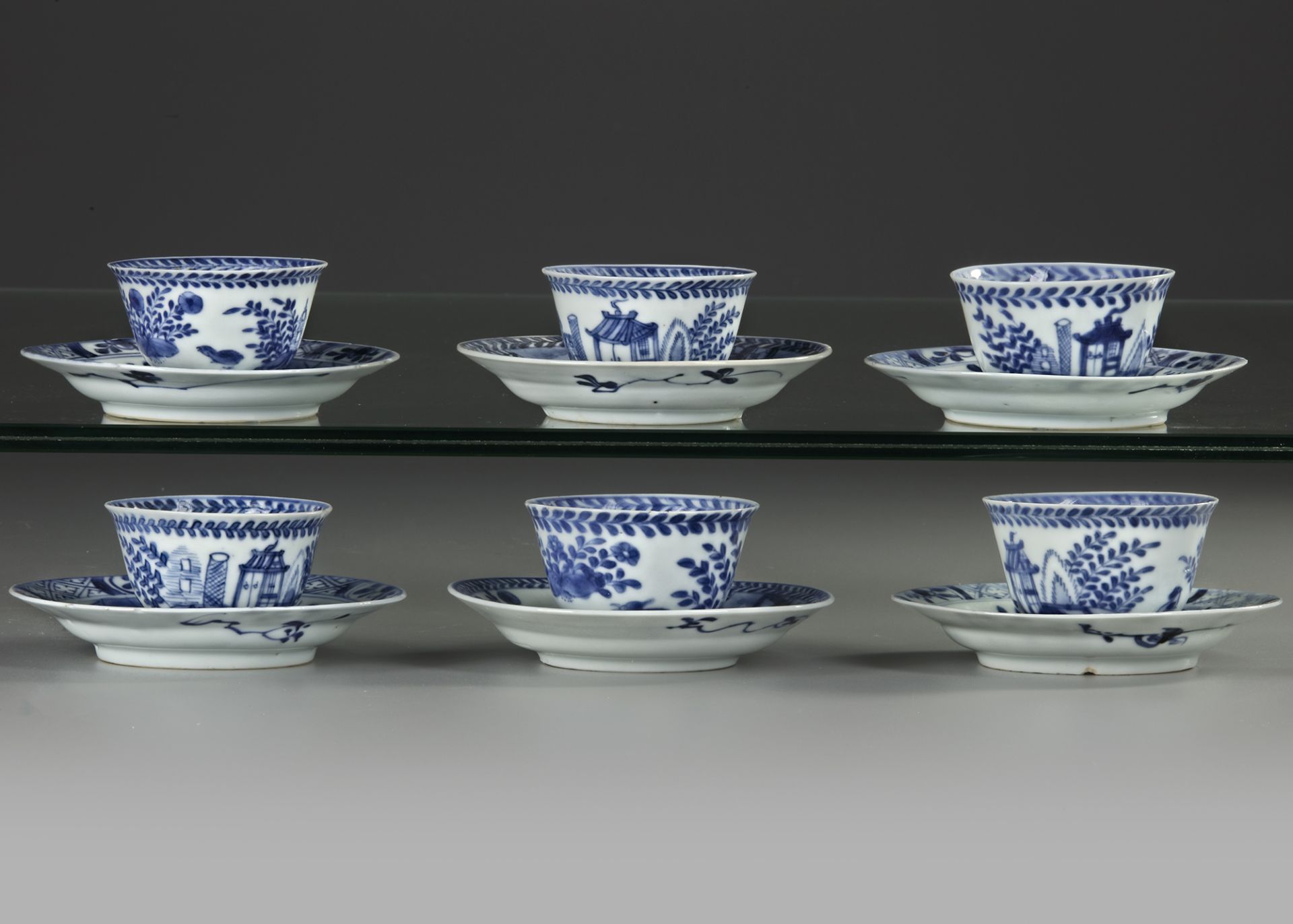 SIX CHINESE BLUE AND WHITE 'CUCKOO IN THE HOUSE' CUPS AND SAUCERS, 18TH CENTURY - Image 2 of 4