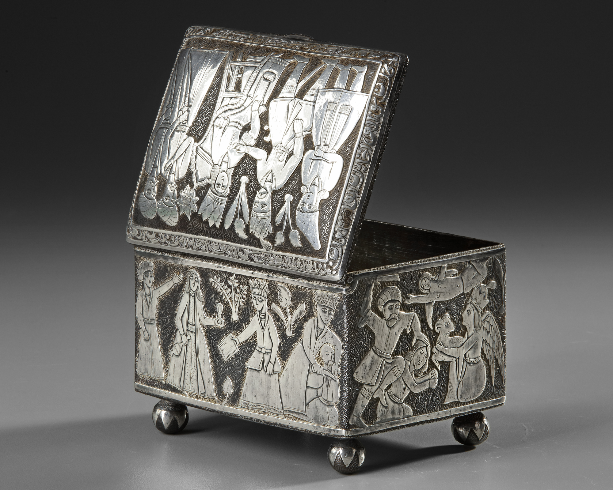 A QAJAR SILVER INLAID METALWARE CASKET, PERSIA, 19TH CENTURY - Image 5 of 6