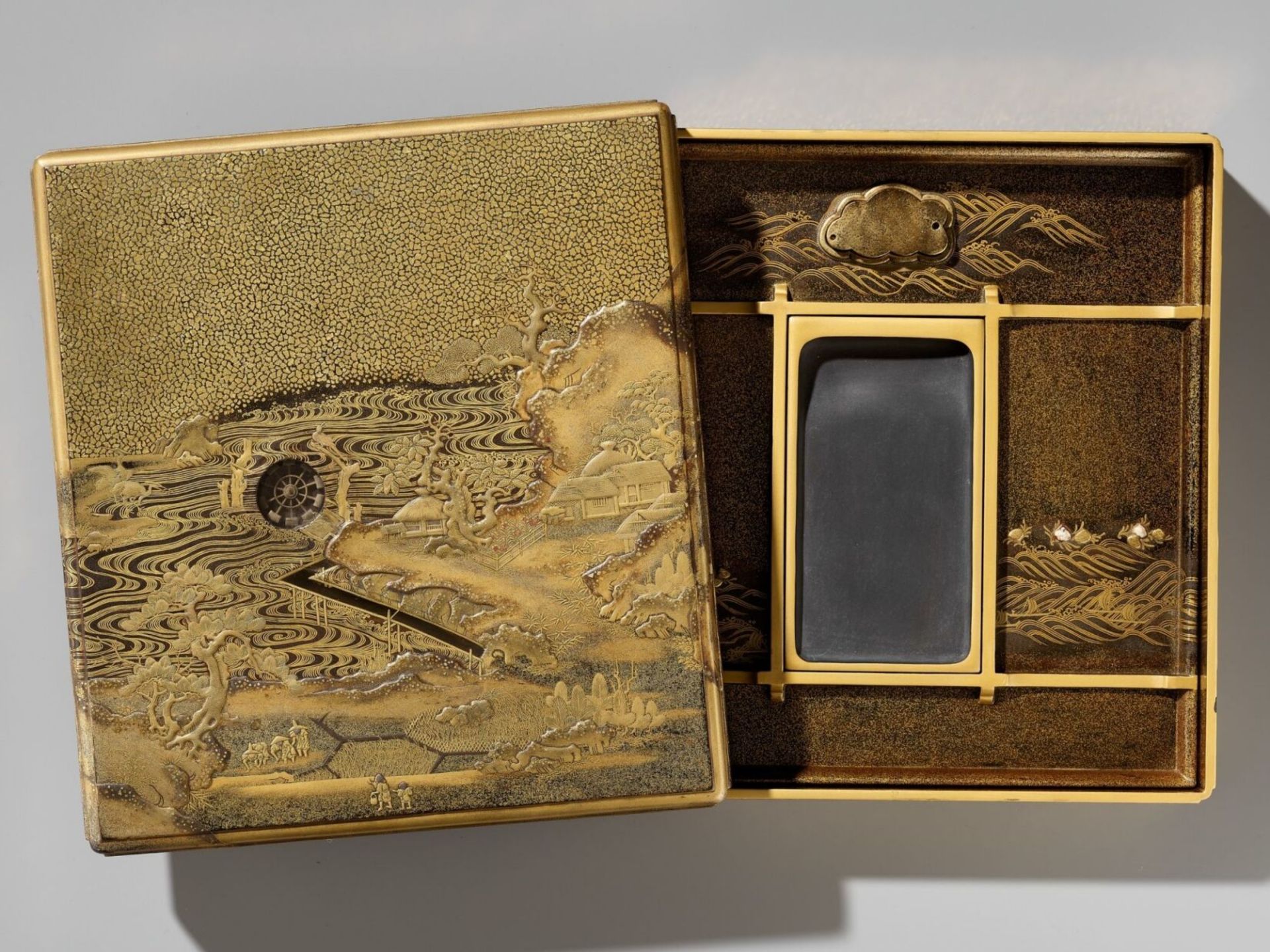 A SUPERB LACQUER SUZURIBAKO WITH A ‘WATERWHEEL’ MERCURY MECHANISM, JAPAN, SECOND HALF OF 18TH CENTUR
