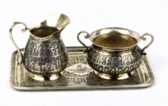 Silver, Ottoman milk and sugar set on a platter