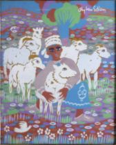 Painting by Aly Ben Salem, Shepherd with sheep