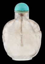 Milk white Chinese rock crystal snuff bottle with a turquoise cap