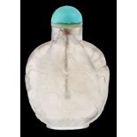 Milk white Chinese rock crystal snuff bottle with a turquoise cap