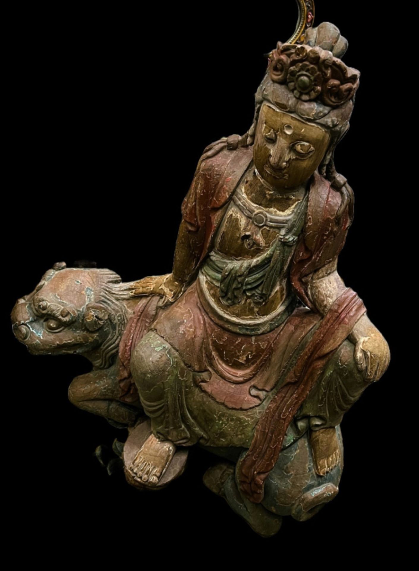Chinese wooden statue of Buddha on a Fu dog - Image 2 of 6