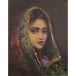 Painting of a woman veiled in green