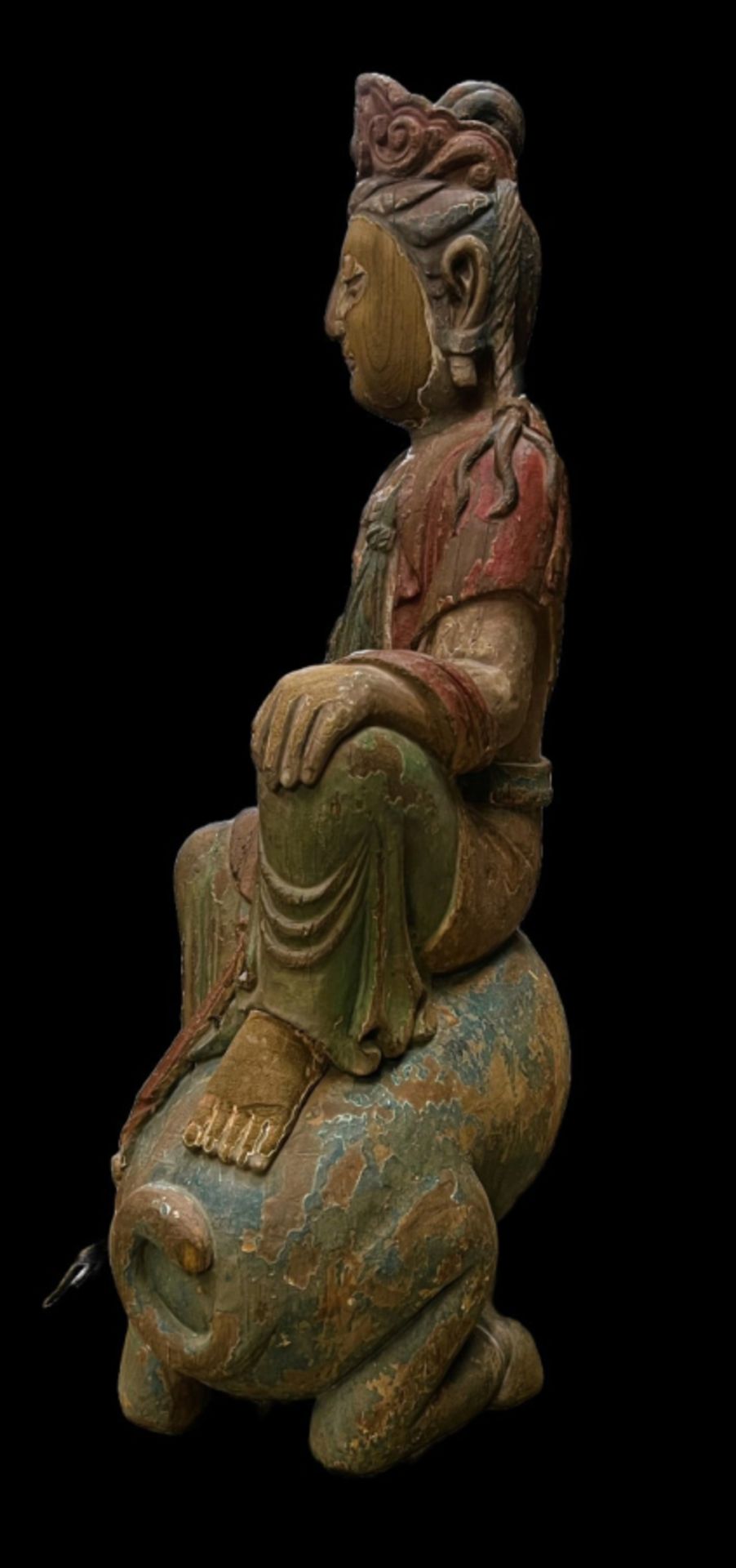 Chinese wooden statue of Buddha on a Fu dog - Image 4 of 6