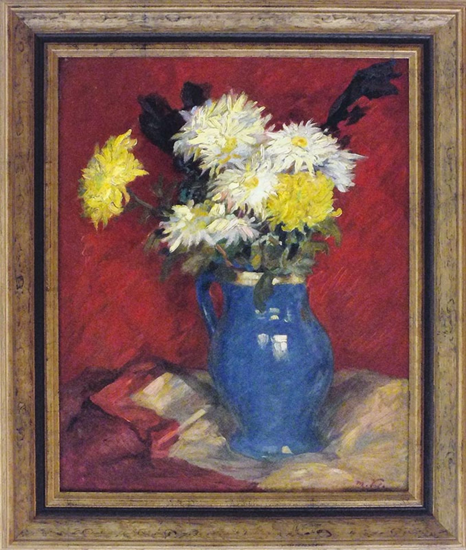 Schrag, Martha. Chrysantemen in blauem Krug