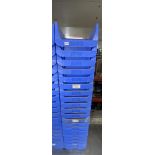 Lot of 20 Blue Plastic Bins, Nesting, Open Front