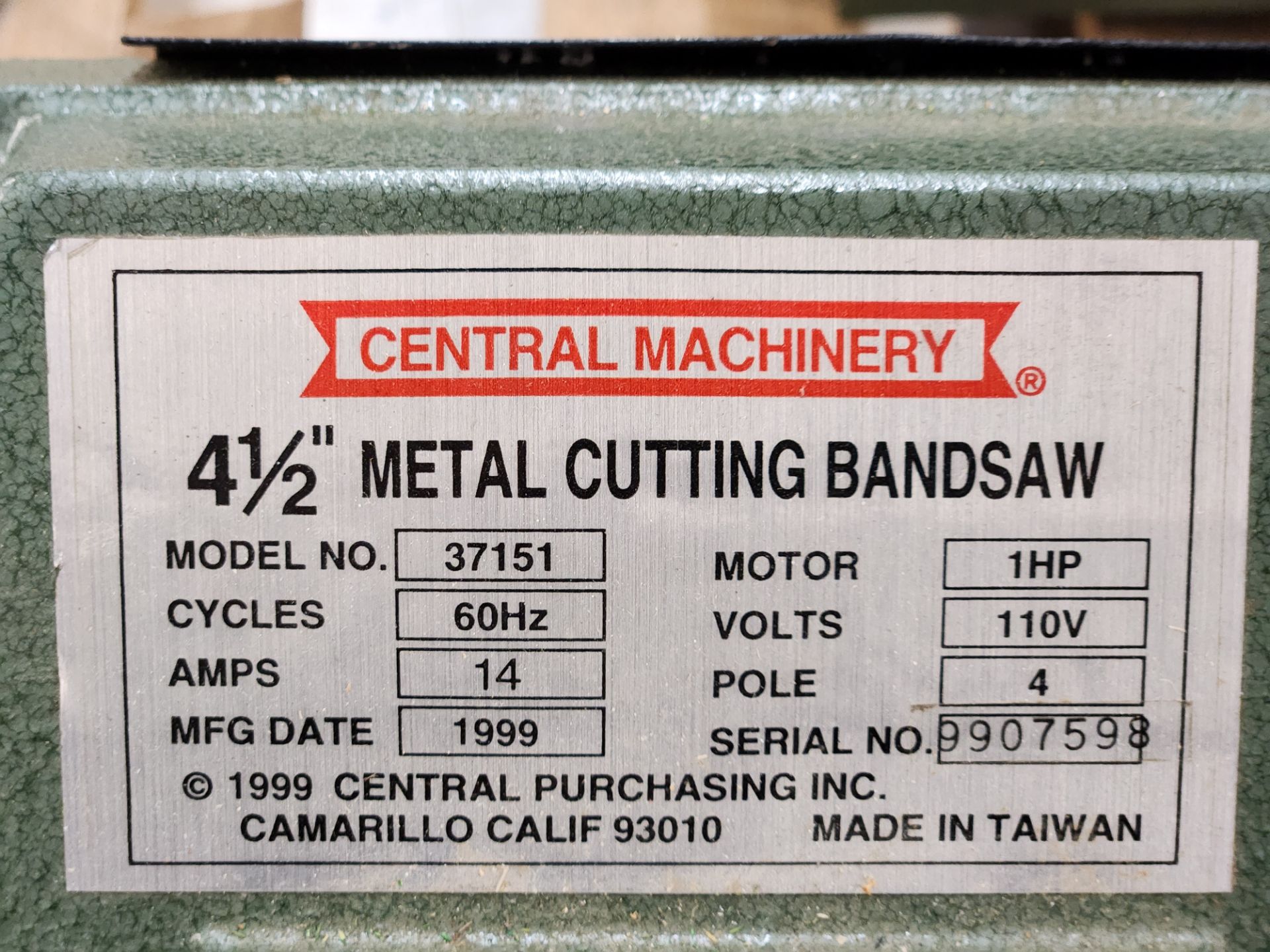 Central Machinery 4-1/2" Metal Cutting Bandsaw - Image 3 of 5