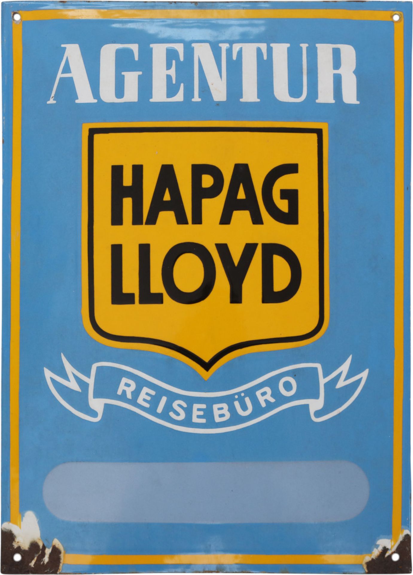 Emailschild Agentur Hapag Lloyd, Hamburg, um 1930