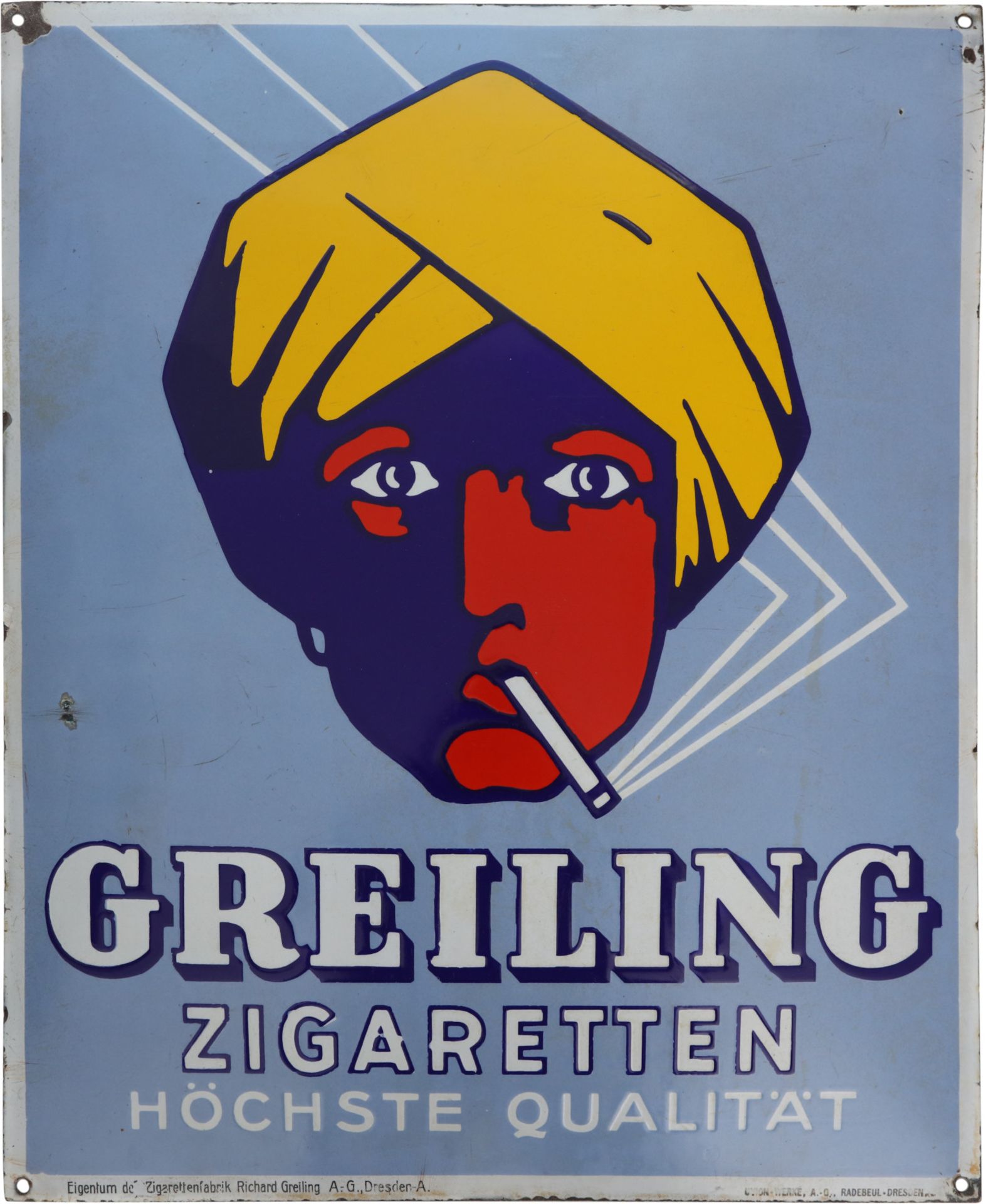 Emailschild Greiling Zigaretten, Dresden, um 1920