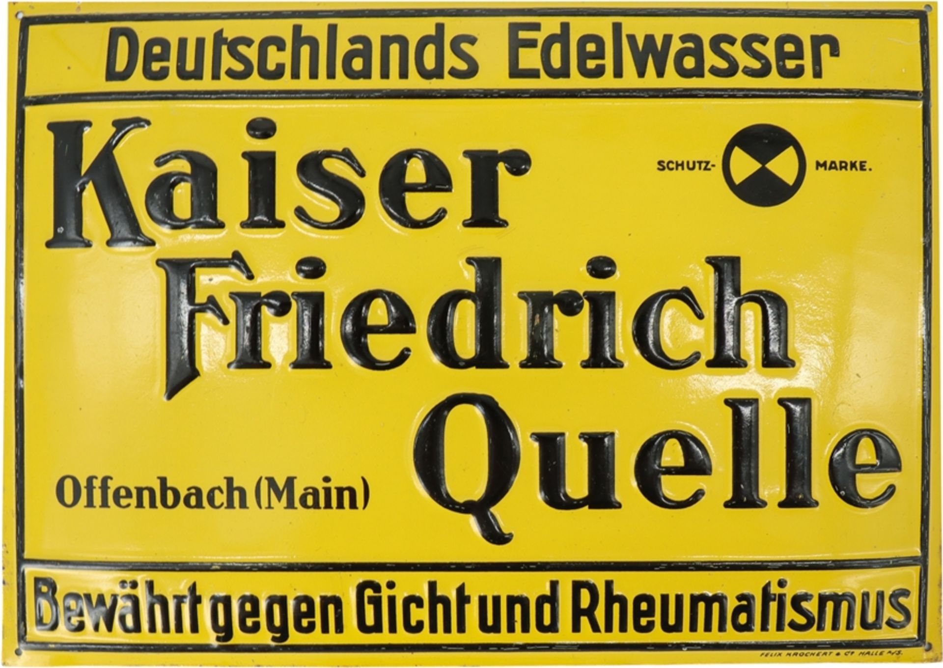 Blechschild Kaiser Friedrich Quelle, Offenbach am Main um 1920