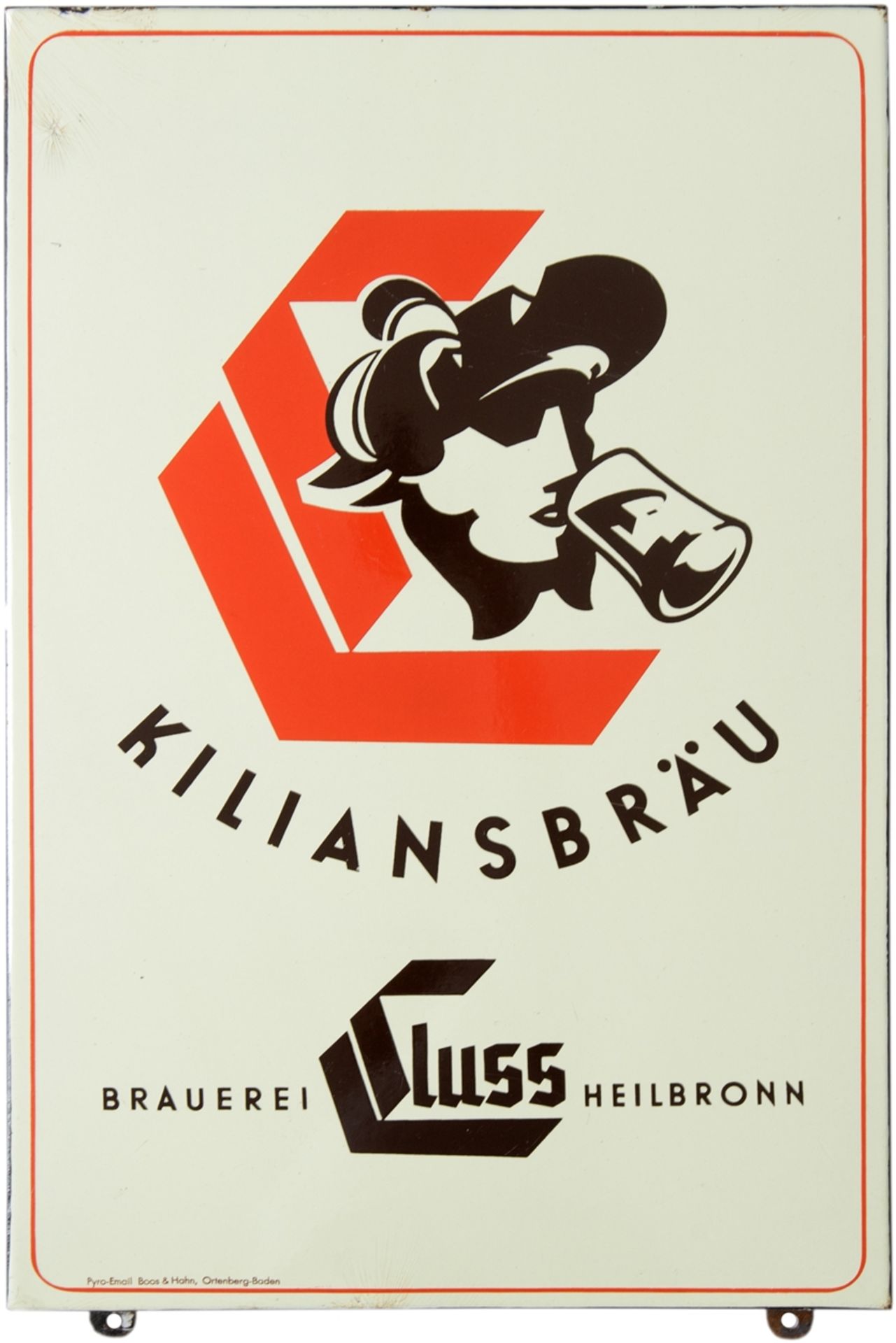 Emailschild Kiliansbräu, Brauerei Cluss Heilbronn, um 1950