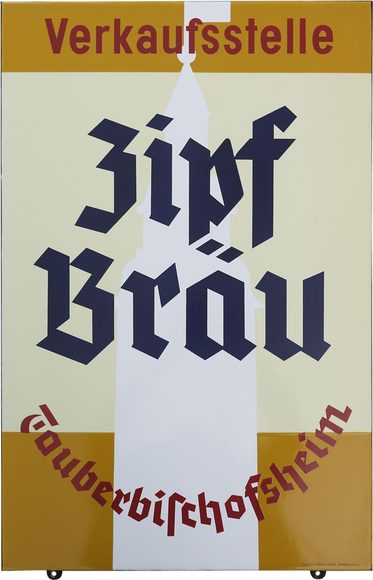 Emailschild Zipf Bräu Tauberbischofsheim, um 1950