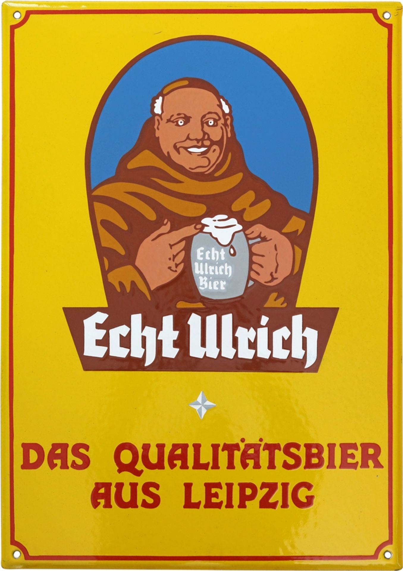 Emailschild Echt Ulrich, das Qualitätsbier, Leipzig, um 1960