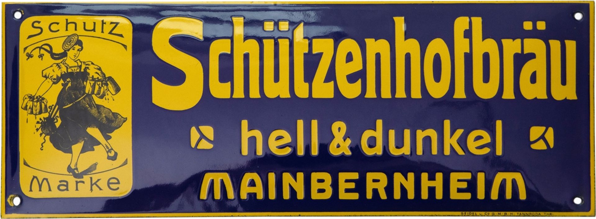 Emailschild Schützenhofbräu, Traumzustand! Mainbernheim bei Kitzingen, um 1920