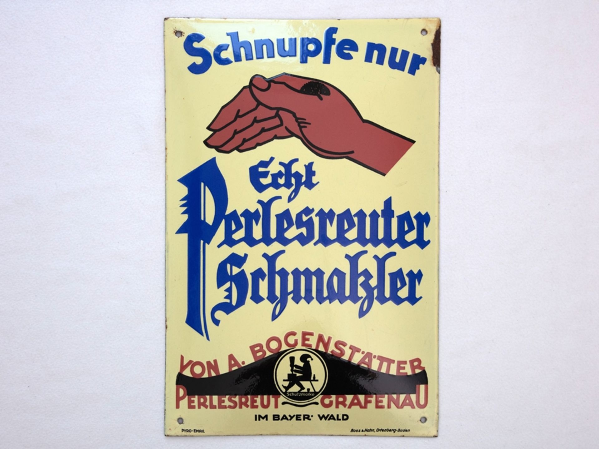 Emailschild Schnupfe nur Perlesreuter Schmalzler, Perlesreut/Grafenau, um 1930 - Bild 7 aus 7